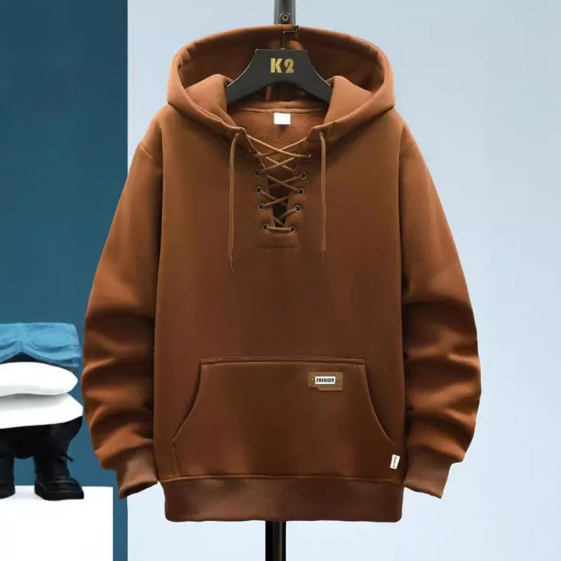Men's Solid Color Tie Kangaroo Pocket Long Sleeve Hoodie 18076149Y sold by Manly product image thumbnail 5