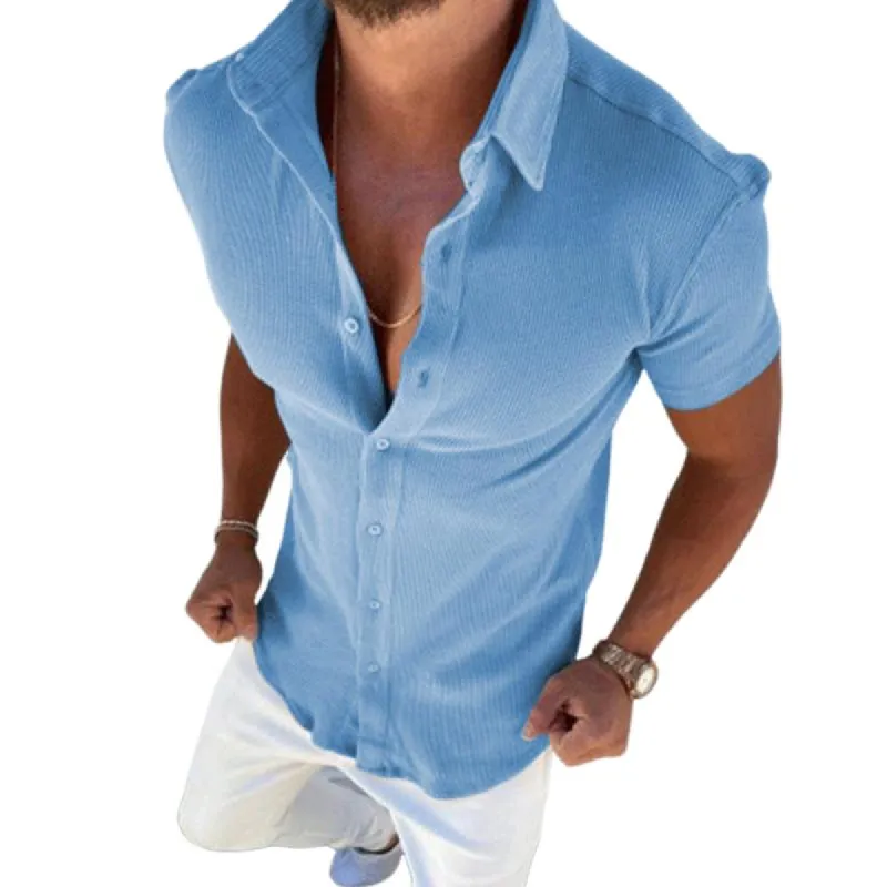 Men's Casual Solid Color Lapel Short Sleeve Shirt 37145589TO sold by Manly