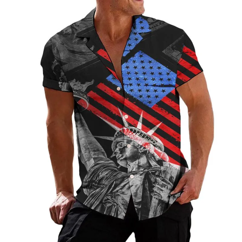 Men's Casual Liberty American Flag Lapel Print Shirt 92701781TO sold by Manly