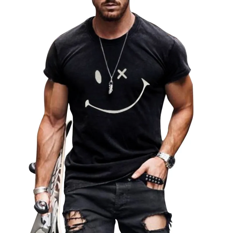 Men's Vintage Smiley Print Round Neck Short Sleeve T-Shirt 23719330Y sold by Manly