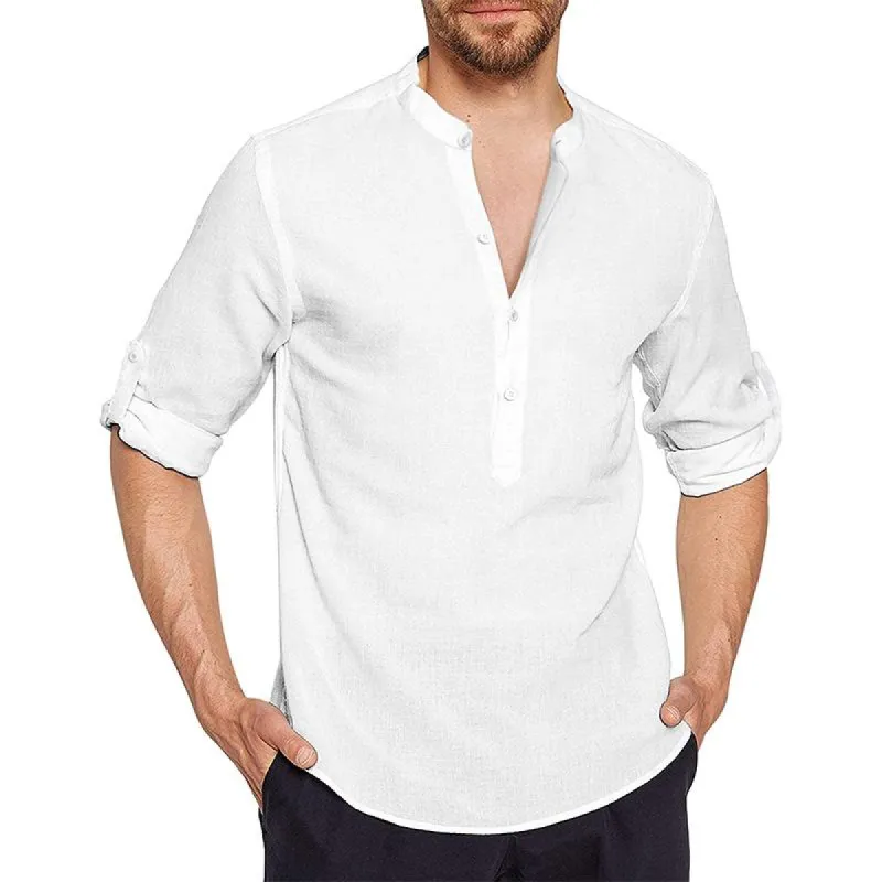 Men's Cotton And Linen Henley Collar Long Sleeve Shirt 61808860Z sold by Manly