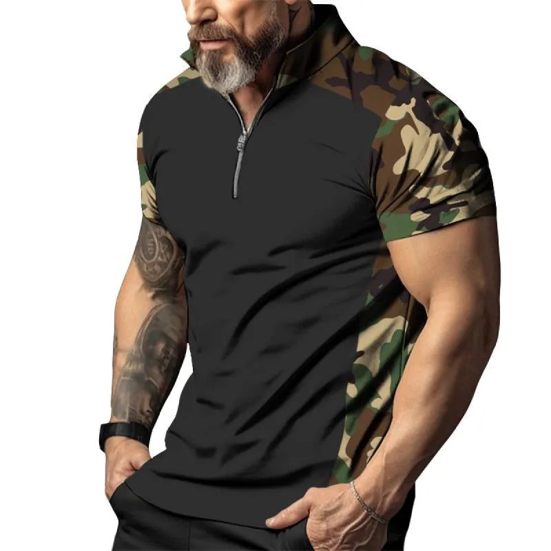 Men's Casual Camouflage Color Block Zipper Polo T-shirt 76245379TO sold by Manly