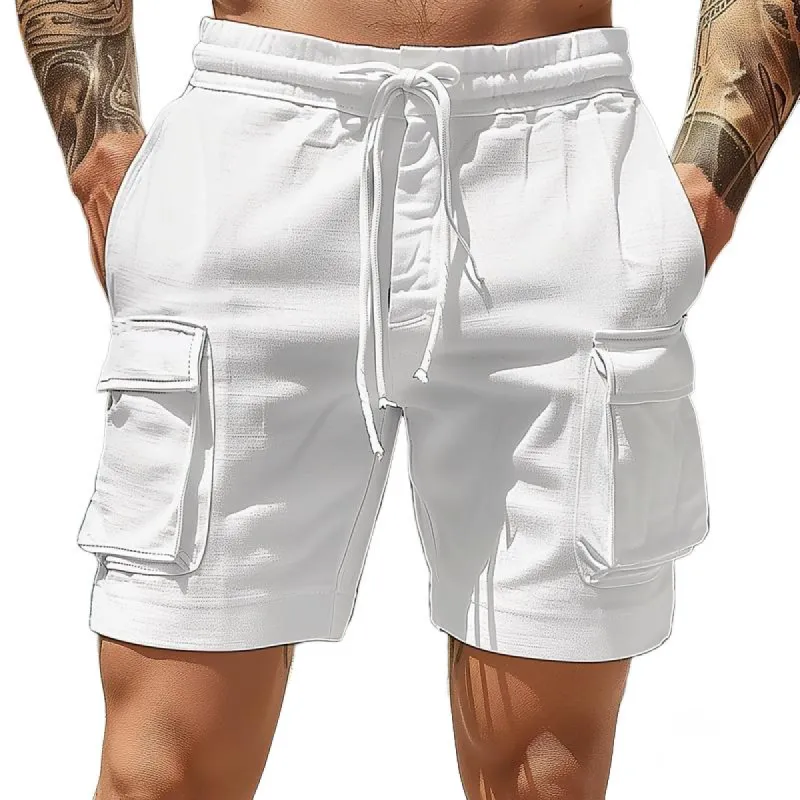 Men's Solid Cotton And Linen Multi-pocket Elastic Waist Casual Shorts 51702131Z sold by Manly