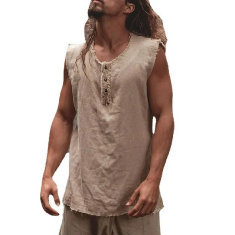 Men's Vintage Solid Color Crew Neck Raw Edge Boho Tank Top 80551483Y sold by Manly