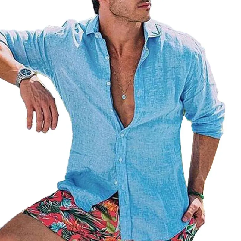 Men's Loose Cotton Linen Solid Color Lapel Long Sleeve Shirt 55624424Y sold by Manly