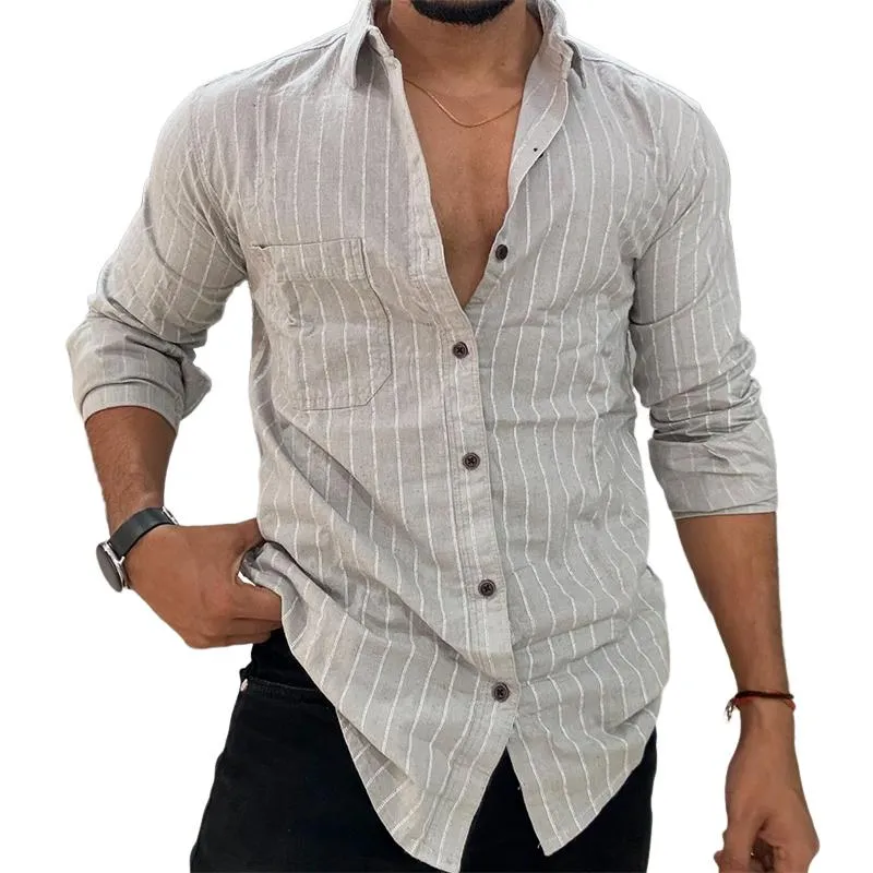 Men's Retro Casual Striped Pocket Lapel Long Sleeve Shirt 03481322TO sold by Manly