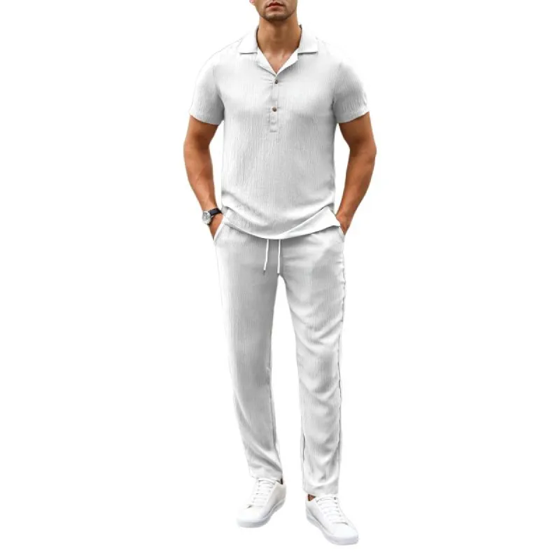 Men's Solid Color Button-Down Lapel Short-Sleeved T-Shirt And Trousers Set 89793555Y sold by Manly