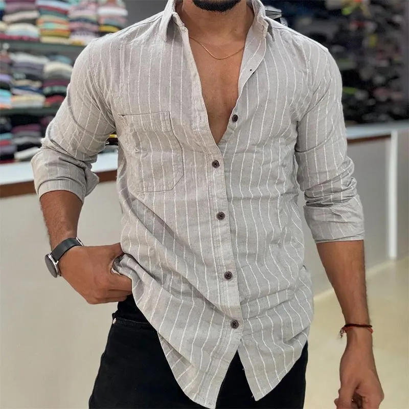 Men's Retro Casual Striped Pocket Lapel Long Sleeve Shirt 03481322TO sold by Manly product image thumbnail 2