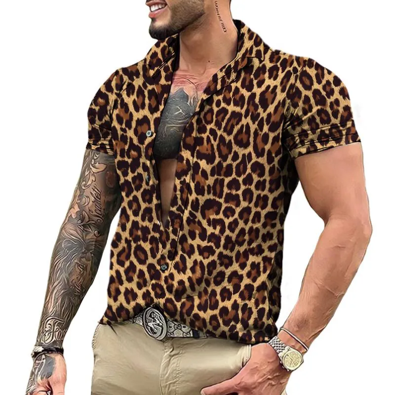 Men's Retro Punk Leopard Lapel Short Sleeve Shirt 38644387TO sold by Manly