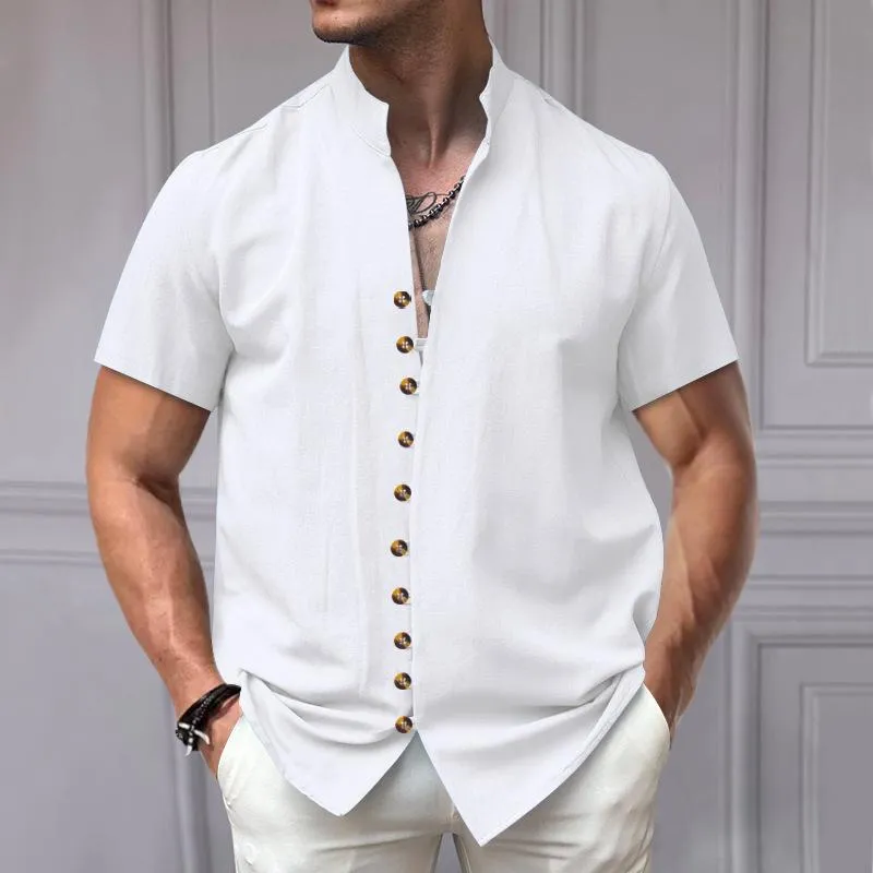 Men's Casual Cotton Linen Button-down Stand Collar Loose Short-sleeved Shirt 49952323M sold by Manly product image thumbnail 2