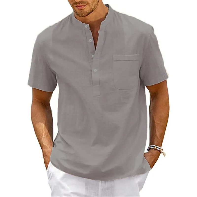 Men's Solid Color Cotton And Linen Henley Collar Short Sleeve Shirt 35371852Z sold by Manly product image thumbnail 3