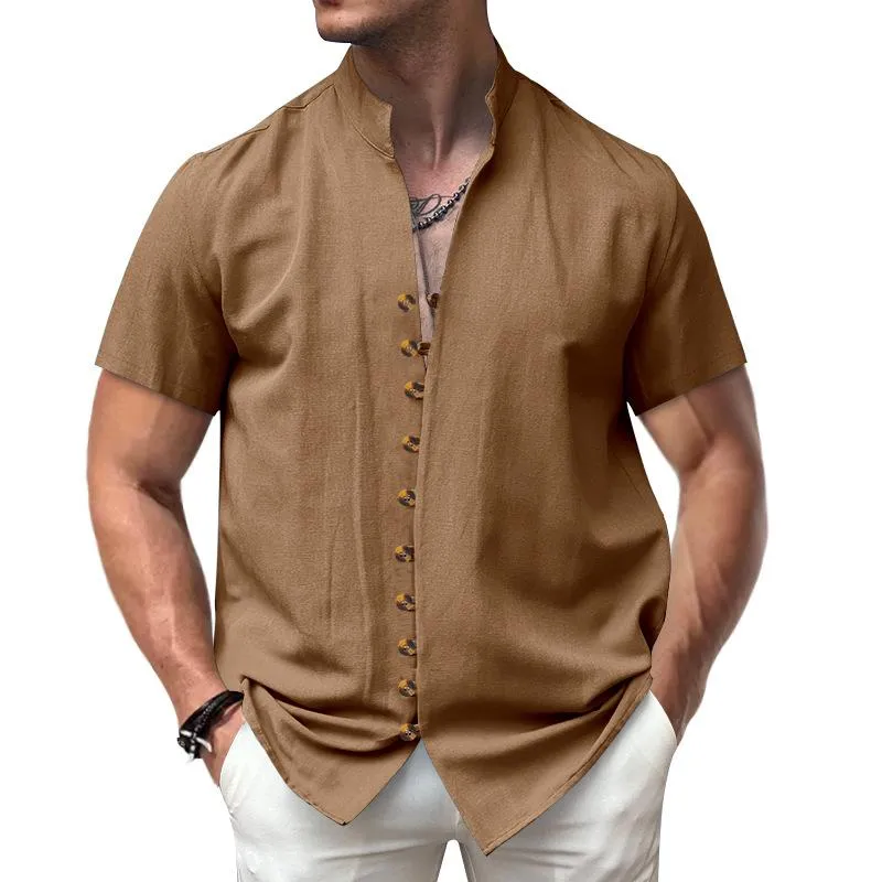 Men's Casual Cotton Linen Button-down Stand Collar Loose Short-sleeved Shirt 49952323M sold by Manly