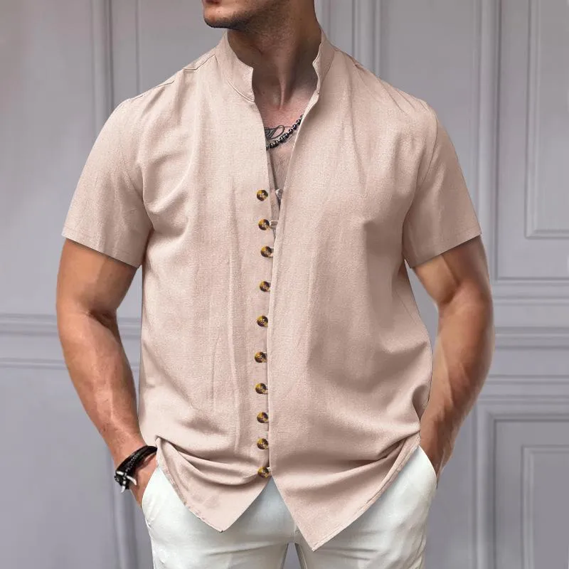 Men's Casual Cotton Linen Button-down Stand Collar Loose Short-sleeved Shirt 49952323M sold by Manly product image thumbnail 3