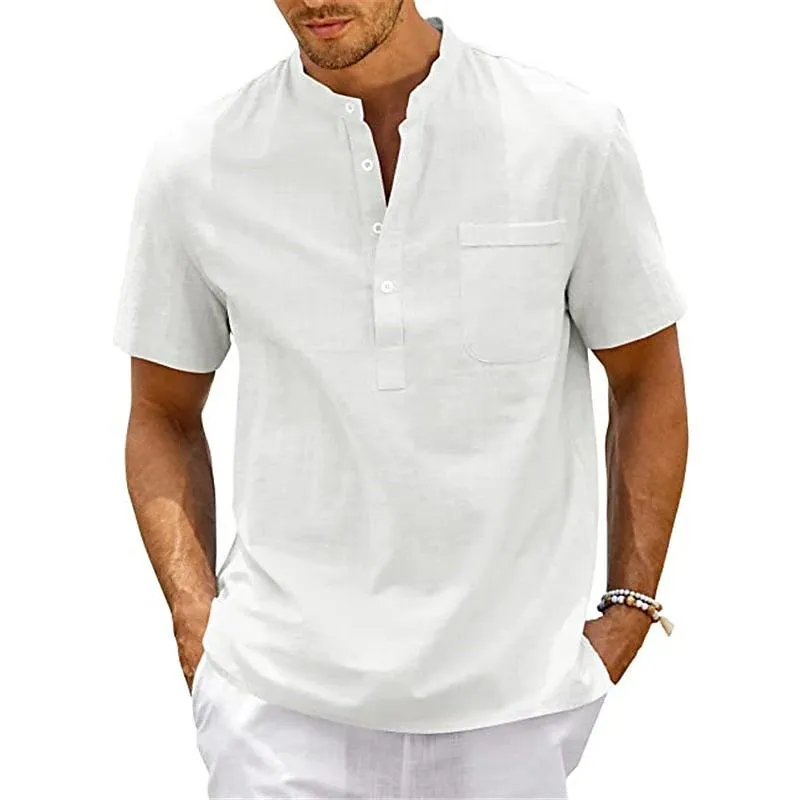 Men's Solid Color Cotton And Linen Henley Collar Short Sleeve Shirt 35371852Z sold by Manly product image thumbnail 2