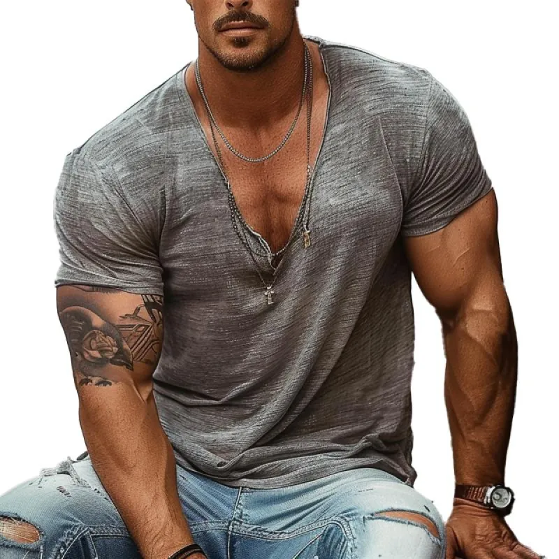 Men's Retro Thin Round V-neck Casual T-shirt 23127134X sold by Manly