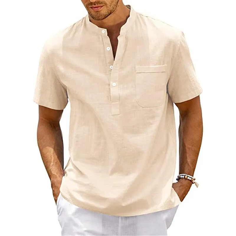 Men's Solid Color Cotton And Linen Henley Collar Short Sleeve Shirt 35371852Z sold by Manly product image thumbnail 5