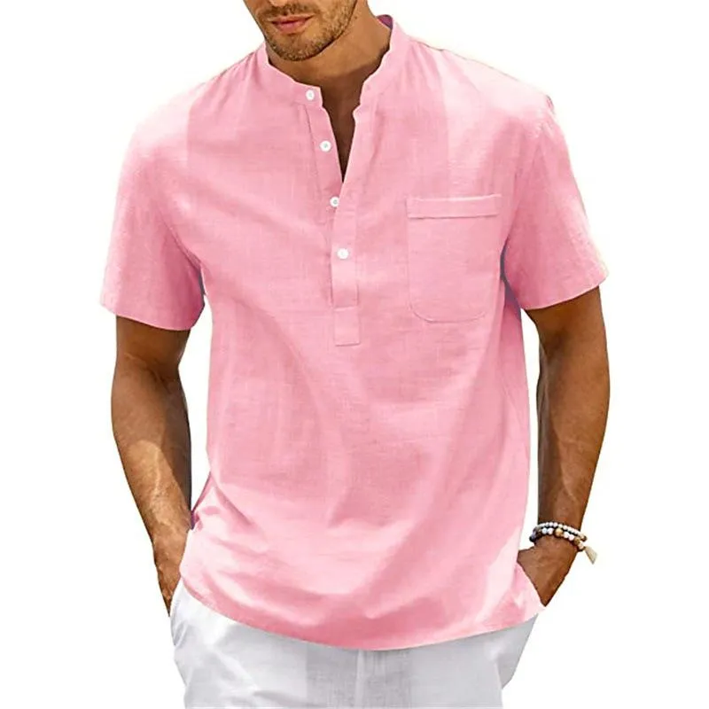 Men's Solid Color Cotton And Linen Henley Collar Short Sleeve Shirt 35371852Z sold by Manly product image thumbnail 4