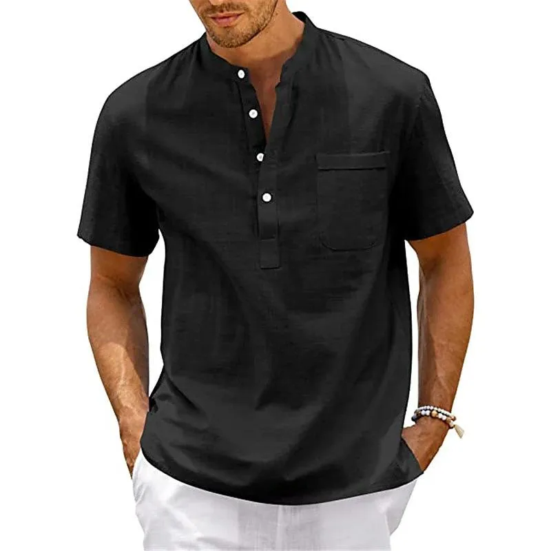 Men's Solid Color Cotton And Linen Henley Collar Short Sleeve Shirt 35371852Z sold by Manly
