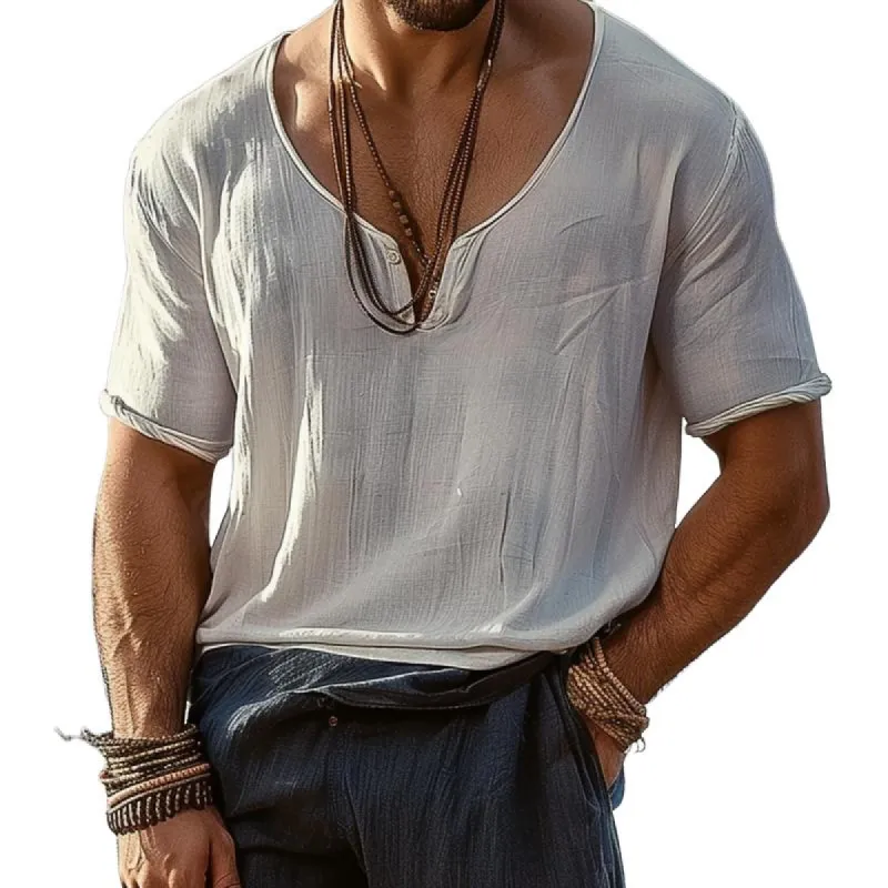 Men's Casual Cotton and Linen Button Collar Loose Short Sleeve Shirt 61394059M sold by Manly