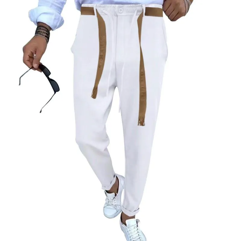 Men's Solid Drawstring Elastic Waist Casual Pants (With Belt) 31299474Z sold by Manly