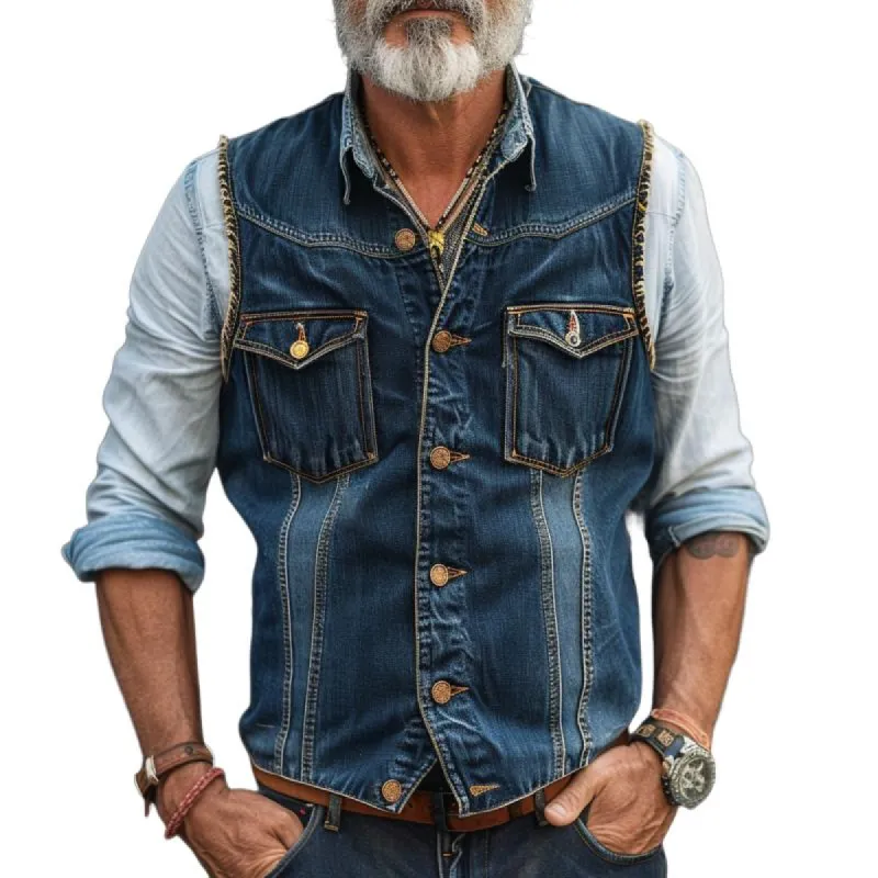 Men's Vintage Double Chest Pocket Single Breasted Denim Vest 78127173Y sold by Manly