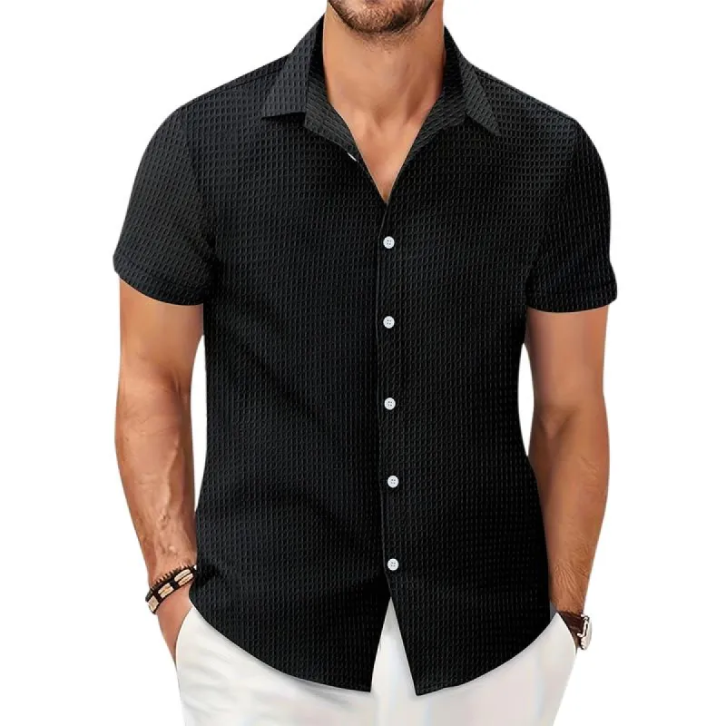 Men's Casual Solid Color Waffle Short Sleeve Shirt 65380455Y sold by Manly