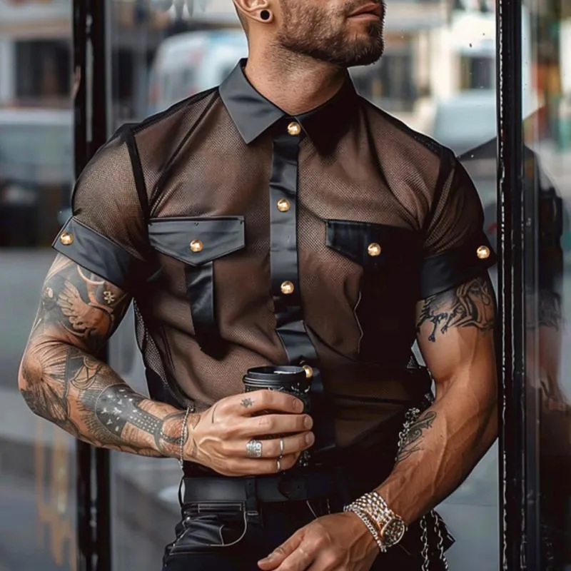 Men's Sexy See-Through Mesh PU Splicing Lapel Slim Short Sleeve Shirt 04622519M sold by Manly product image thumbnail 2