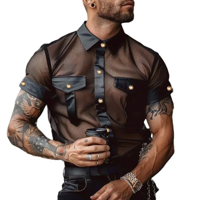 Men's Sexy See-Through Mesh PU Splicing Lapel Slim Short Sleeve Shirt 04622519M sold by Manly