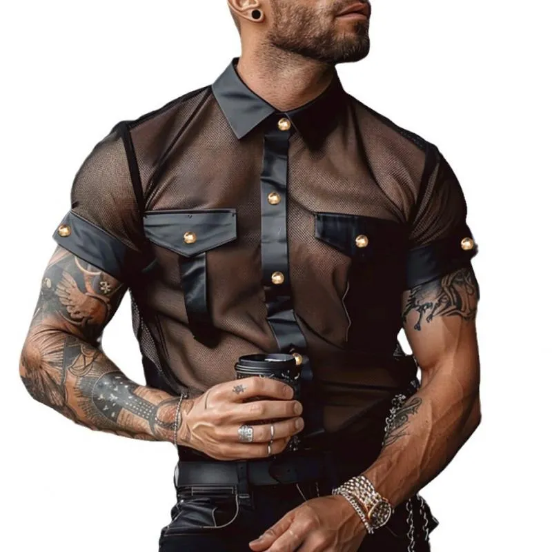 Men's Sexy See-Through Mesh PU Splicing Lapel Slim Short Sleeve Shirt 04622519M sold by Manly
