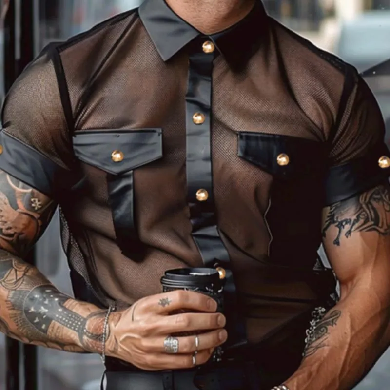 Men's Sexy See-Through Mesh PU Splicing Lapel Slim Short Sleeve Shirt 04622519M sold by Manly product image thumbnail 3