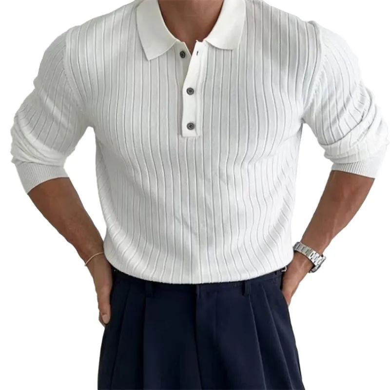 Men's Solid Color Striped Lapel Long Sleeve Knit Polo Shirt 46672005Z sold by Manly