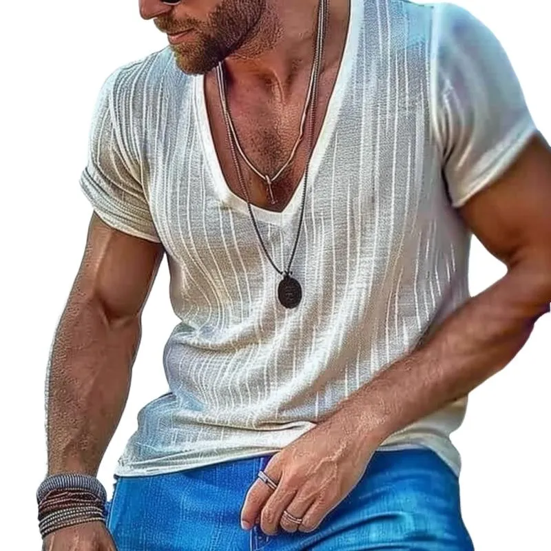 Men's Casual Cotton Linen V-neck Short-sleeved T-shirt 06079081M sold by Manly