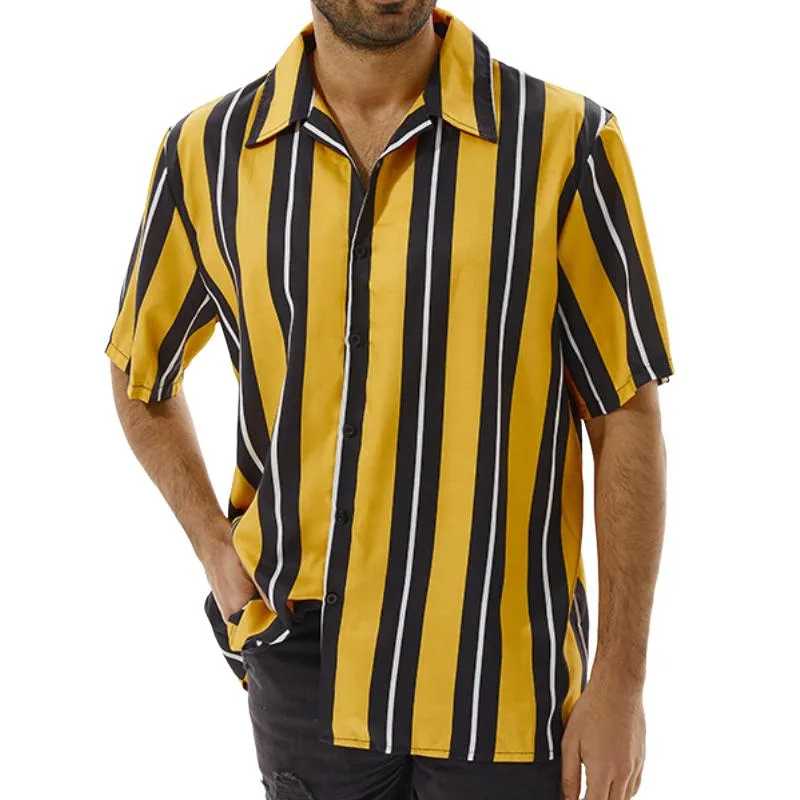 Men's Casual Striped Lapel Short Sleeve Shirt 76560847TO sold by Manly