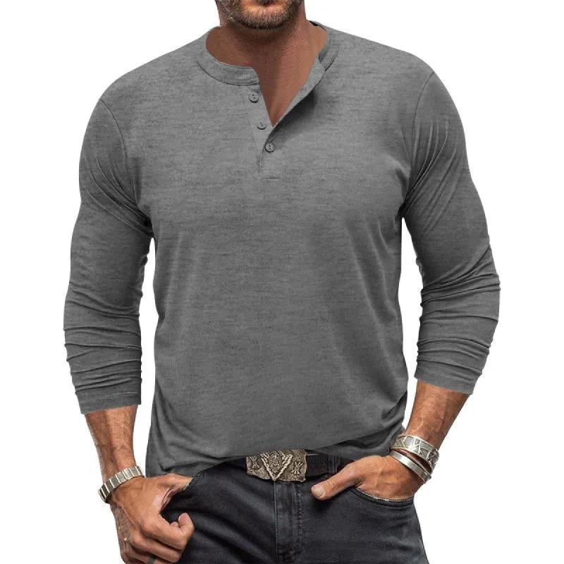 Men's Casual Solid Color Long Sleeve Henley Collar T-Shirt 74111982Y sold by Manly