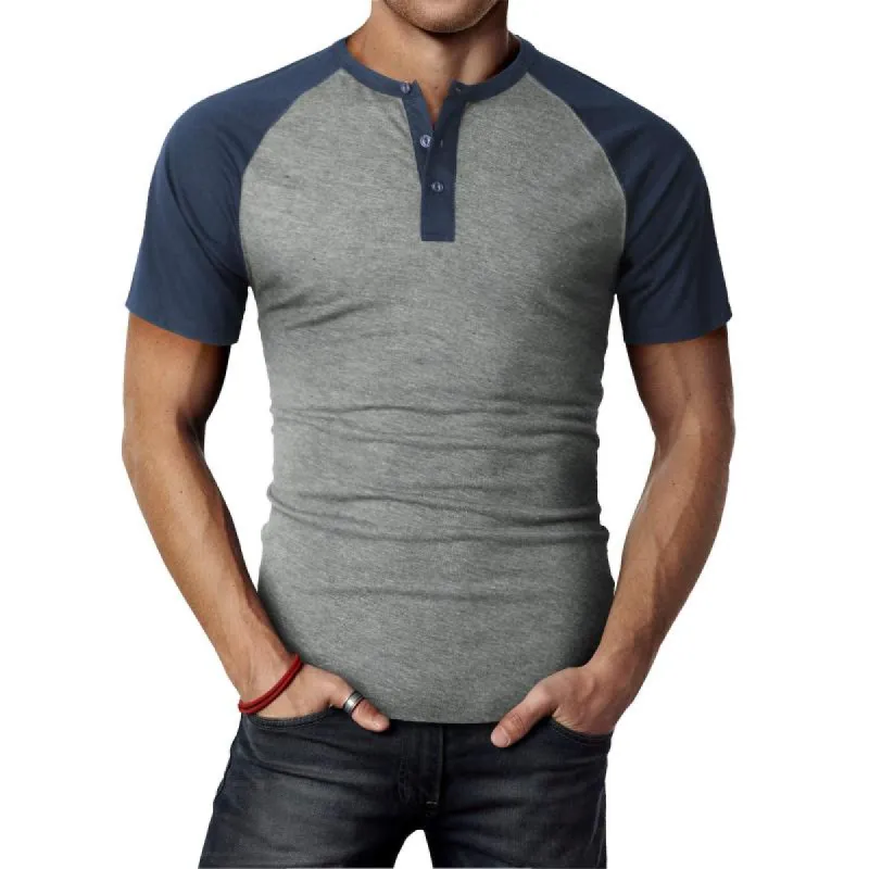 Men's Henley Collar Colorblock Raglan Short Sleeve T-Shirt 77409622Y sold by Manly