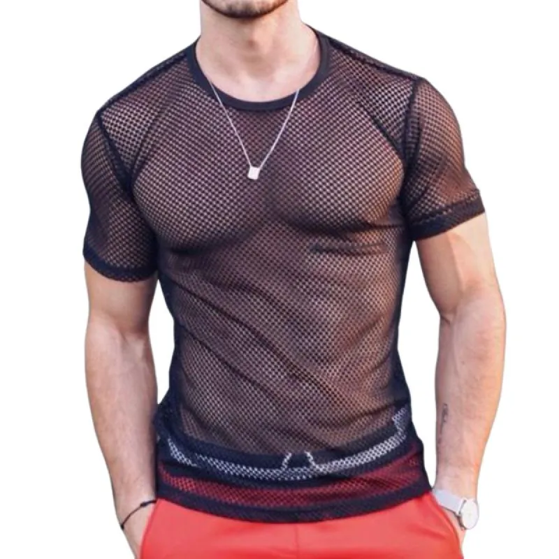 Men's Sexy Hollow Crew Neck T-Shirt 34367295TO sold by Manly