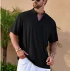Men's Solid Linen V Neck Short Sleeve Casual Shirt 54745187Z sold by Manly