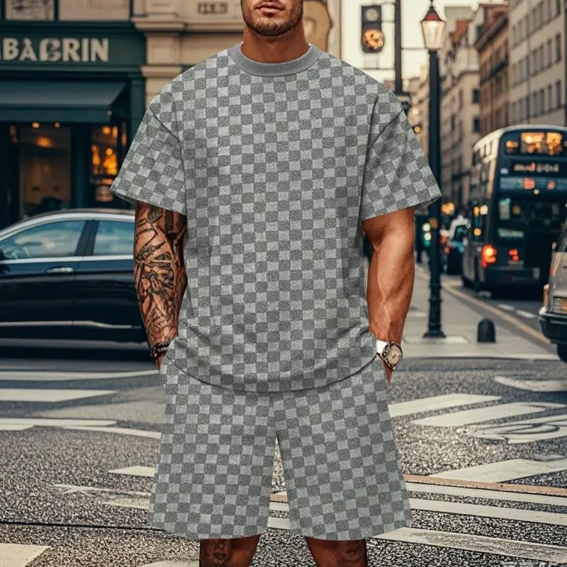 Men's Checkerboard Round Neck Short Sleeve T-shirt Shorts Loose Casual Set 88254451Z sold by Manly product image thumbnail 5