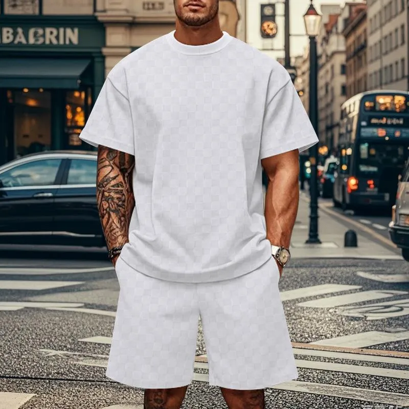 Men's Checkerboard Round Neck Short Sleeve T-shirt Shorts Loose Casual Set 88254451Z sold by Manly product image thumbnail 3