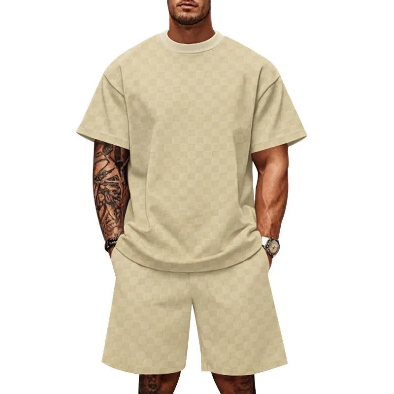 Men's Checkerboard Round Neck Short Sleeve T-shirt Shorts Loose Casual Set 88254451Z sold by Manly