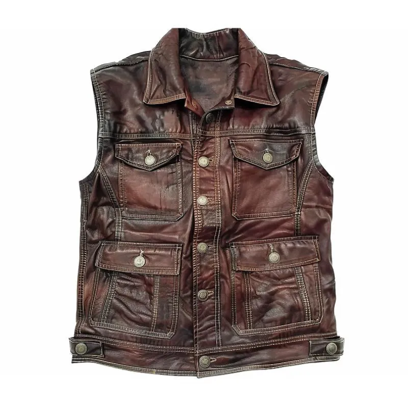 Men's Vintage Biker Multi-Pocket Lapel Leather Vest 42047950Y sold by Manly