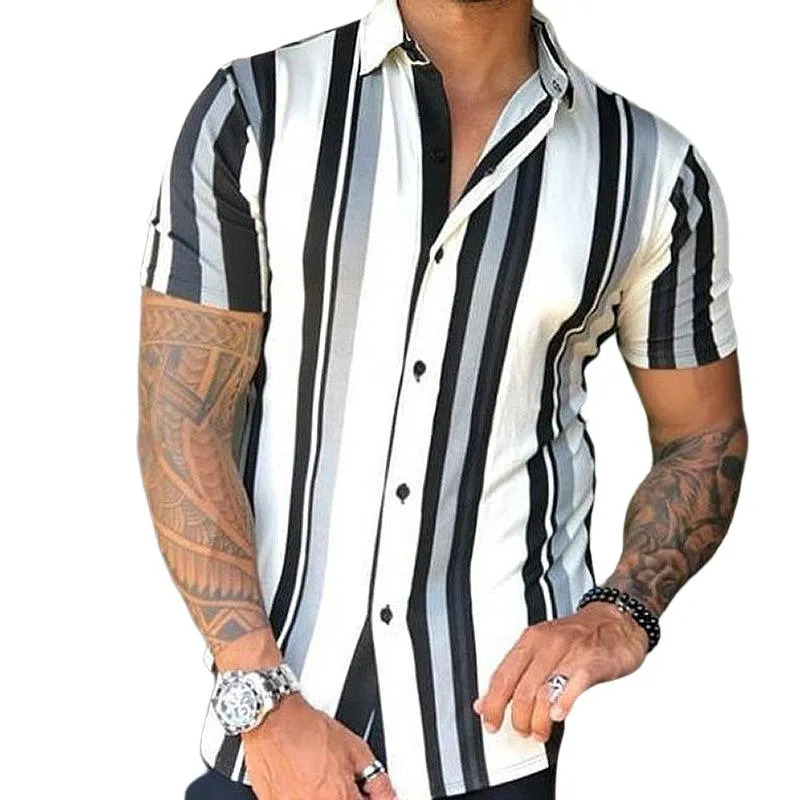 Men's Casual Striped Lapel Short Sleeve Shirt 28157329TO sold by Manly