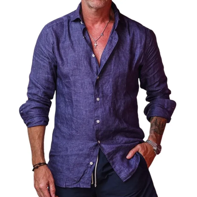 Men's Casual Retro Solid Color Lapel Long Sleeve Shirt 57549622TO sold by Manly
