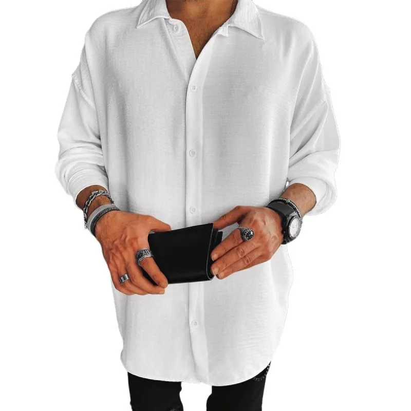 Men's Solid Loose Lapel Long Sleeve Casual Shirt 71571362Z sold by Manly