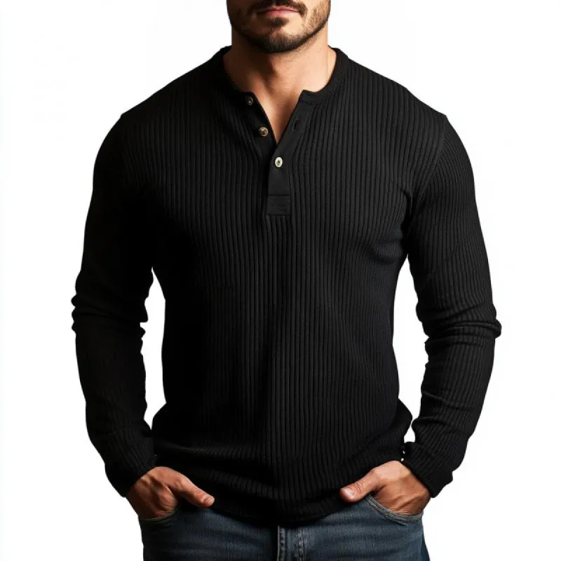 Men's Casual Rib Stripe Henley Neck Slim Fit Long Sleeve T-Shirt 75306283M sold by Manly