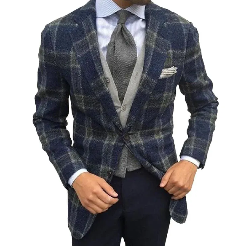 Men's Classic Plaid Wool Blended Notched Lapel Single Breasted Patch Pocket Blazer 39821674M sold by Manly