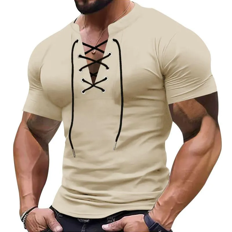 Men's Retro V-neck Lace-up Sports Short-sleeved T-shirt 33535623X sold by Manly product image thumbnail 5
