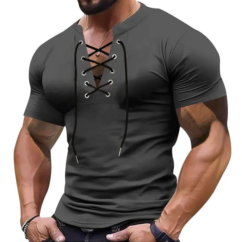 Men's Retro V-neck Lace-up Sports Short-sleeved T-shirt 33535623X sold by Manly