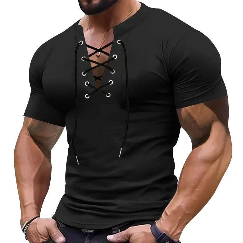 Men's Retro V-neck Lace-up Sports Short-sleeved T-shirt 33535623X sold by Manly product image thumbnail 3