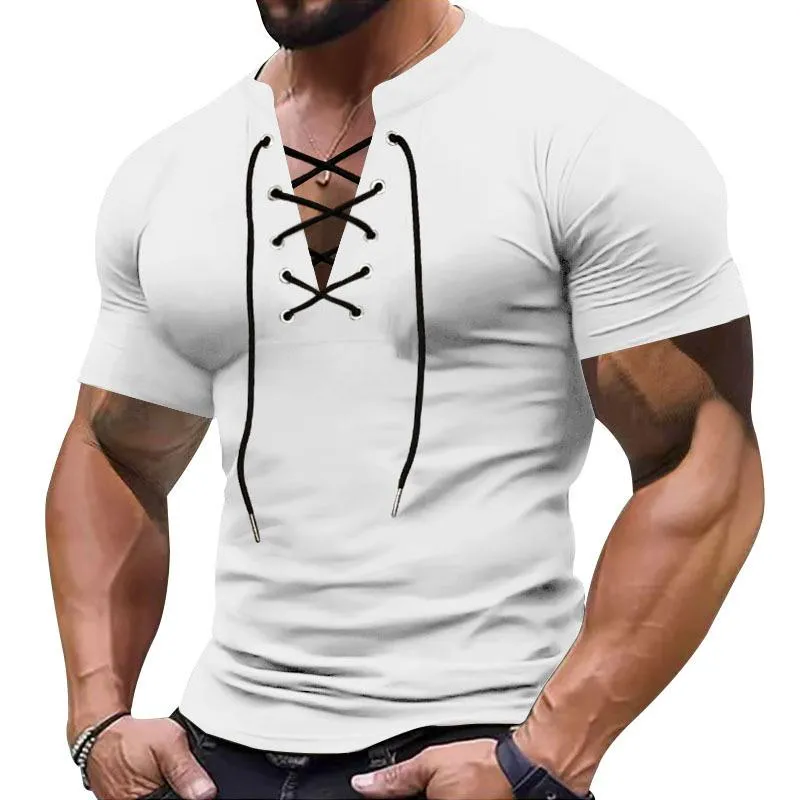 Men's Retro V-neck Lace-up Sports Short-sleeved T-shirt 33535623X sold by Manly product image thumbnail 2